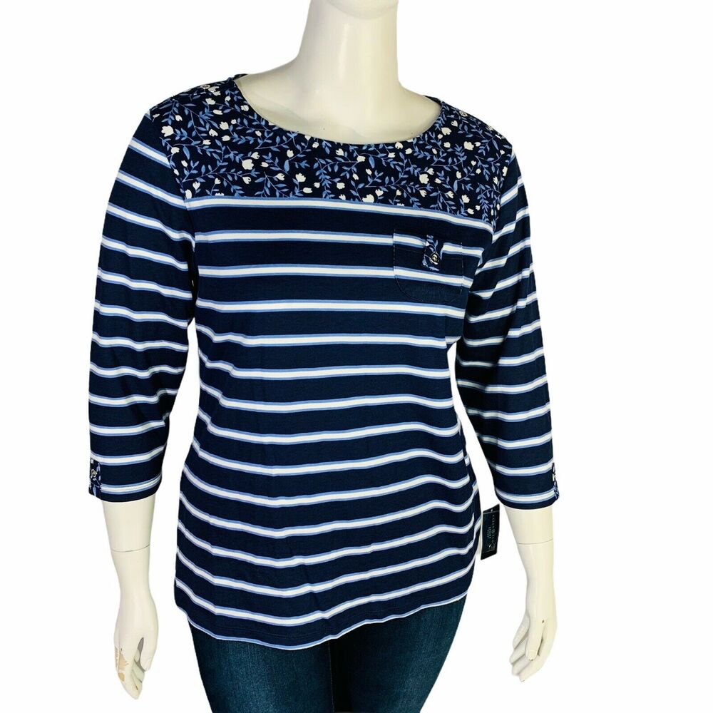 New Karen Scott Sport Womans 1X Intrepid Blue Top 3/4 Sleeve Floral Striped NWT